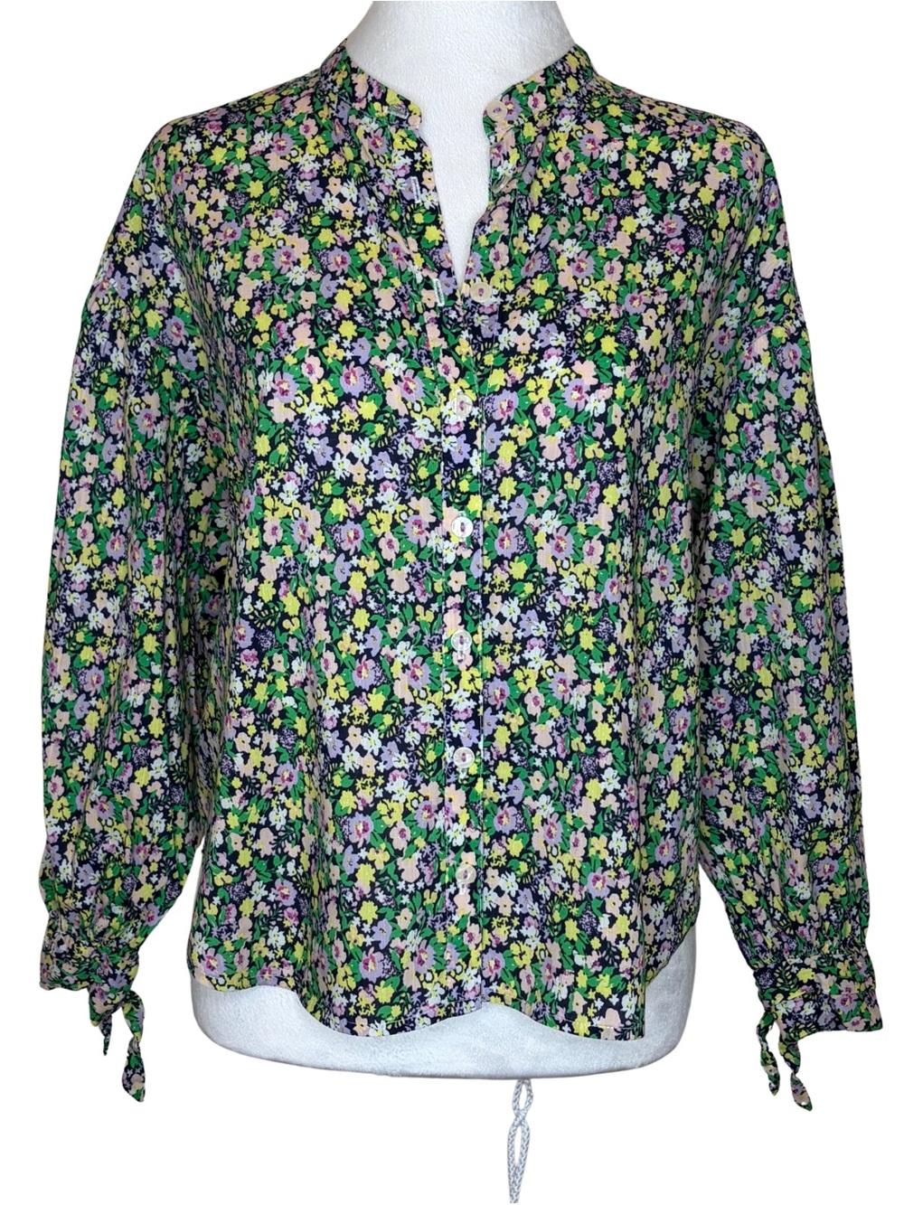 Maeve Anthropologie Floral Button-Front Flowy Blouse in Green, Pink, & Lavender.